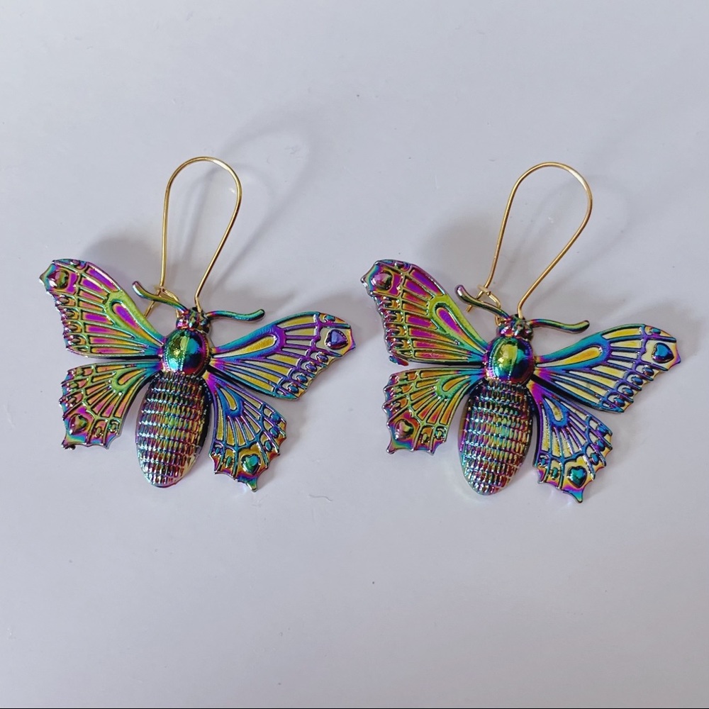Iridescent Moth earrings dangle multicolor metal gold moths insect bug jewelry